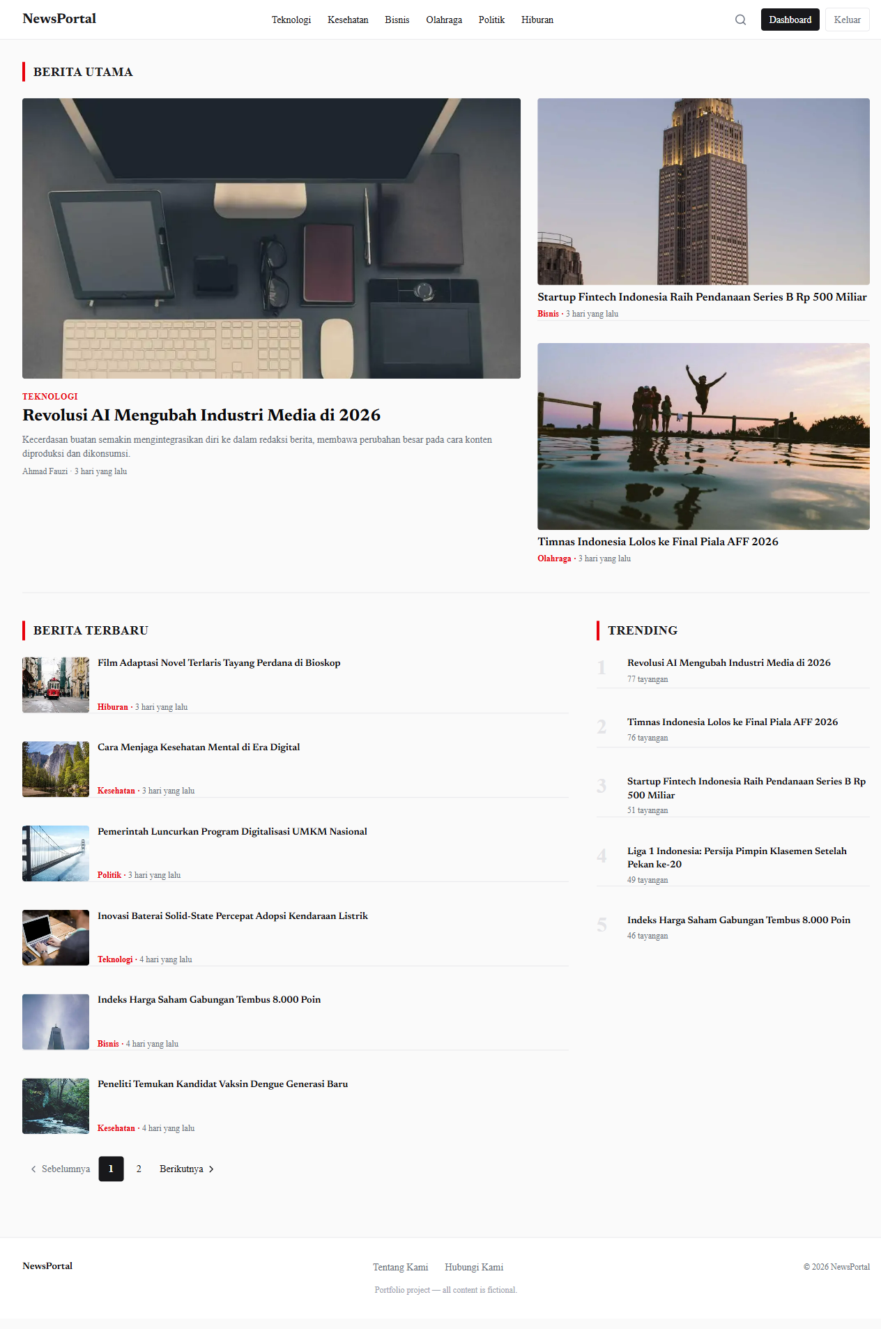 NewsPortal — homepage with trending articles and category navigation