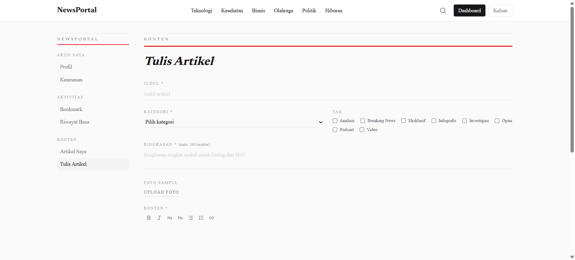 NewsPortal — CMS editor dashboard with DRAFT to REVIEW to PUBLISHED editorial workflow